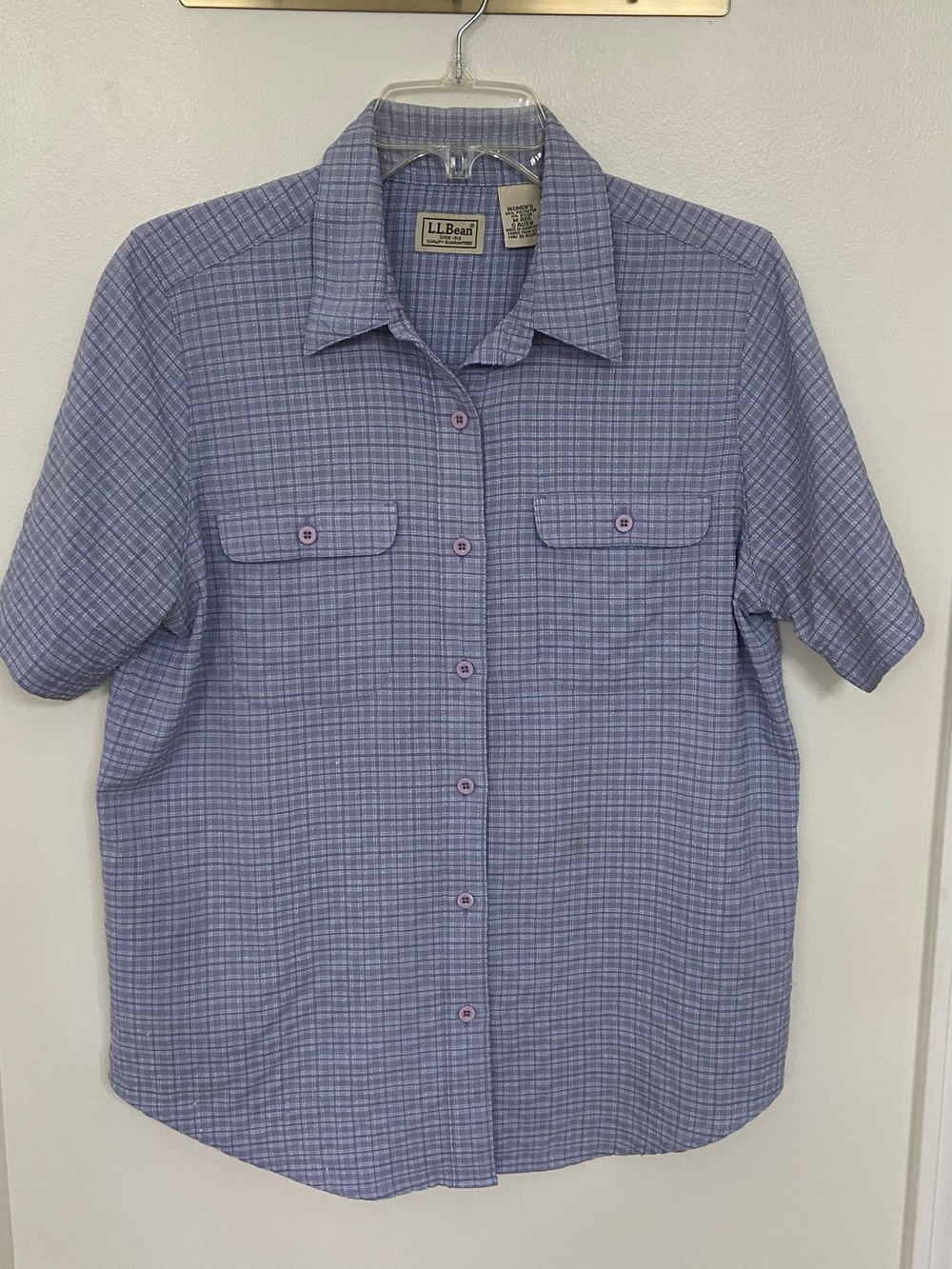 Vintage L.L.Bean Womenβs M Reg Purple Plaid Short Sleeve Button Shirt USA Fabric